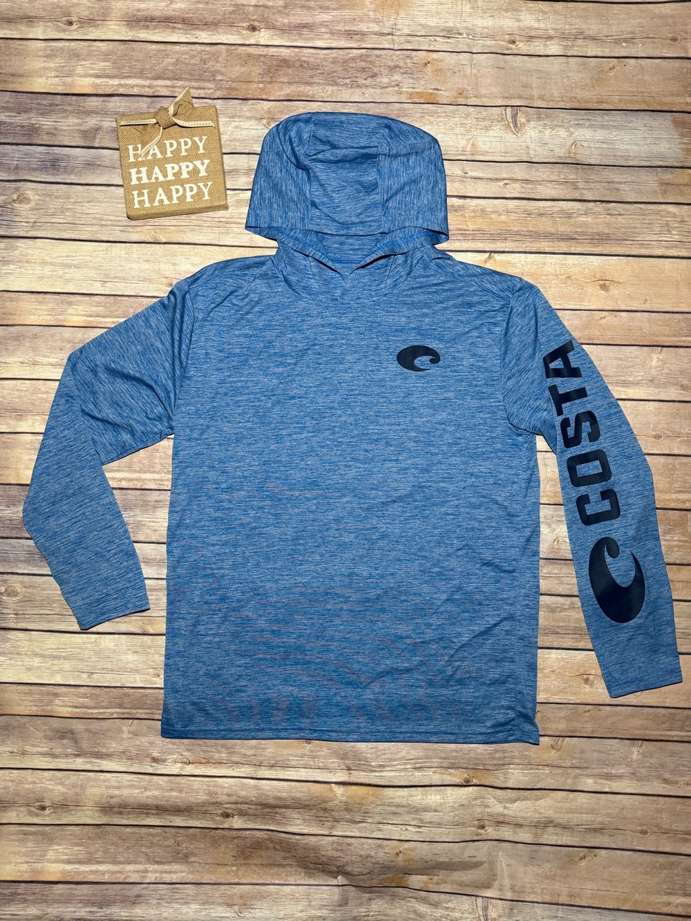 Costa Heathered Blue Hooded Performance Shirt with Logo Sleeve size M